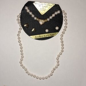 Reversible Pearl Heart Pendant Necklace Matching Earrings Set